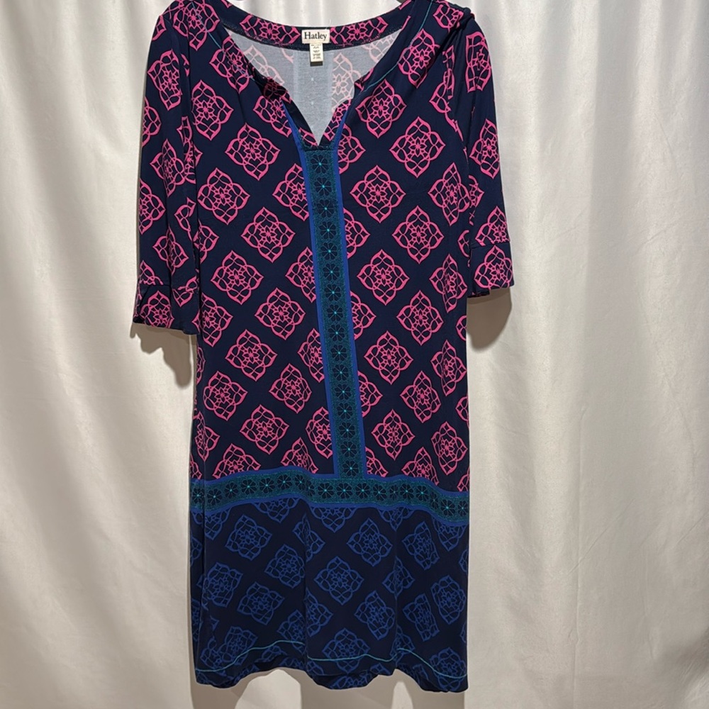 HATLEY Navy Blue Dress with Multi Color Design Women M